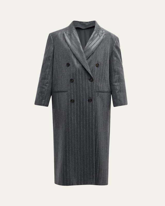 Wool Flannel Pinstripe Coat with Pailette Detail
